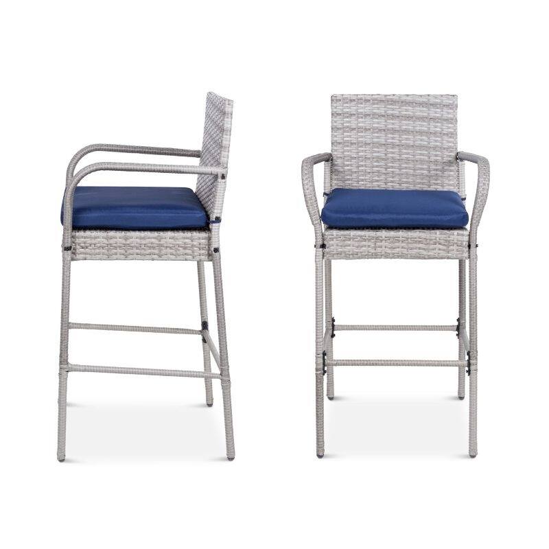 Set of 2 Indoor/Outdoor Wicker Bar Stools w/ 2 Cushions - 20 inches L x 18.75 inches W x 46 inches H
