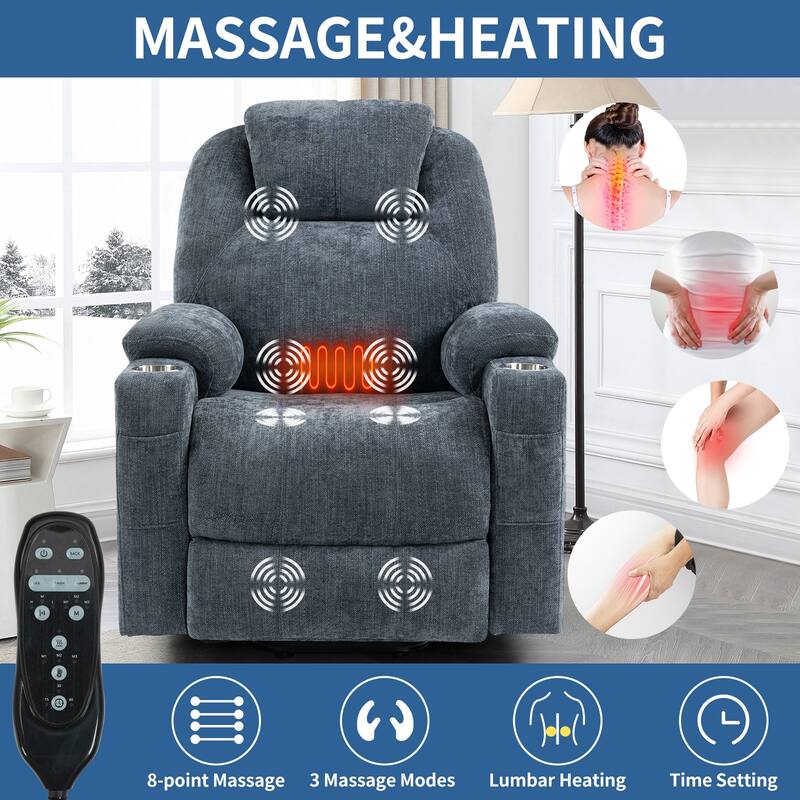 Blue Power Lift Recliner with 8-Point Massage, Heated Lumbar, Dual USB Ports, and Stainless Steel Cup Holders
