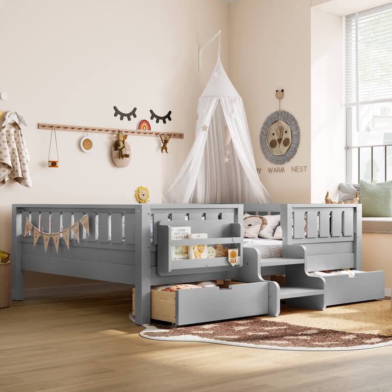 Full/Twin Loft Bed with Storage Drawers, Safety Staircase & Rails