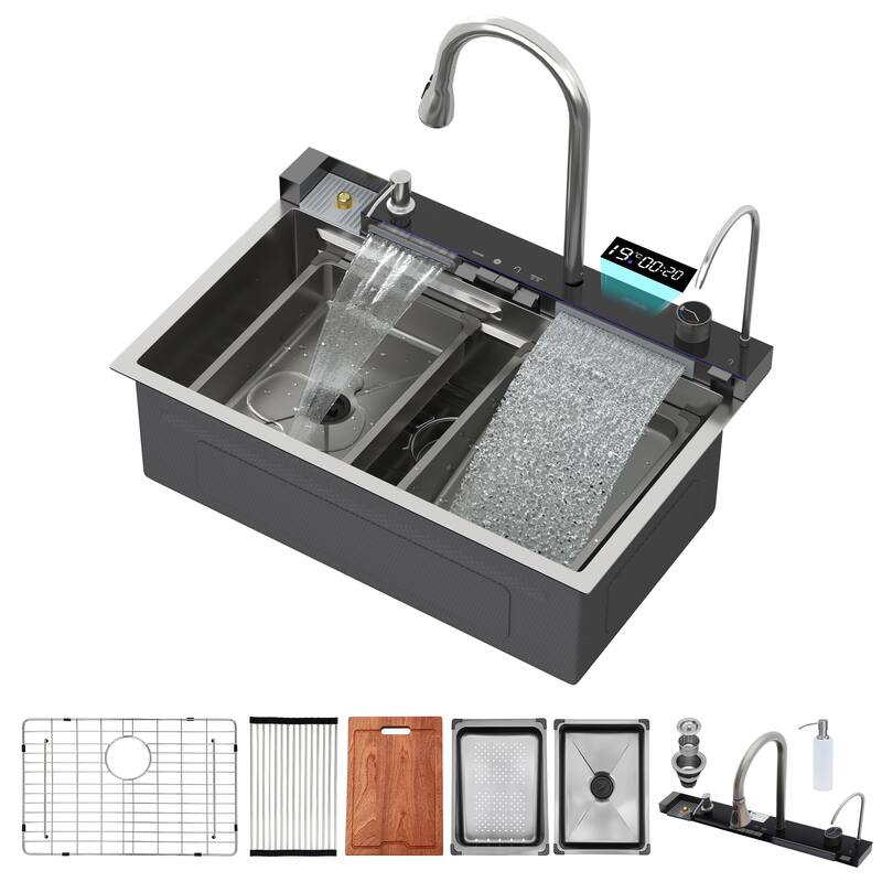 30" Kitchen Sink Waterfall Sink - Multifunction Single Bowl 16 Gauge Stainless Steel Ledge Workstation Smart Top Mount