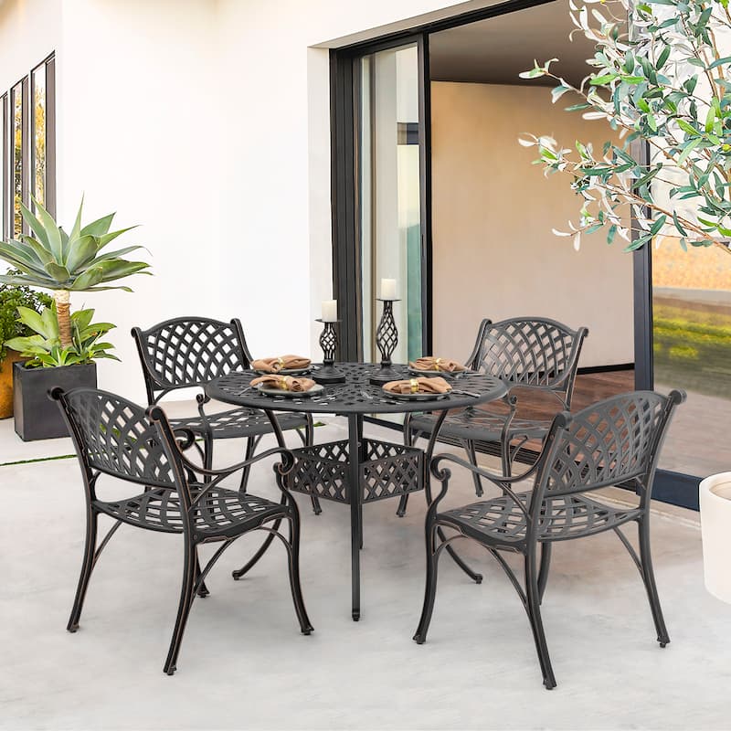 Outdoor 5-Piece Cast Aluminum Dining Set, Black with Gold-Painted Edge