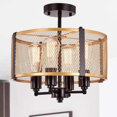 Leland Matte Gold 4-Light Metal Mesh Drum Shade Semi Flush Mount