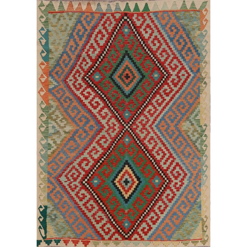 Hand Woven Oriental 100% Wool Carpet Southwestern Geometric Multi-Colored Kilim Area Rug - 8' 2'' X 6' 0''