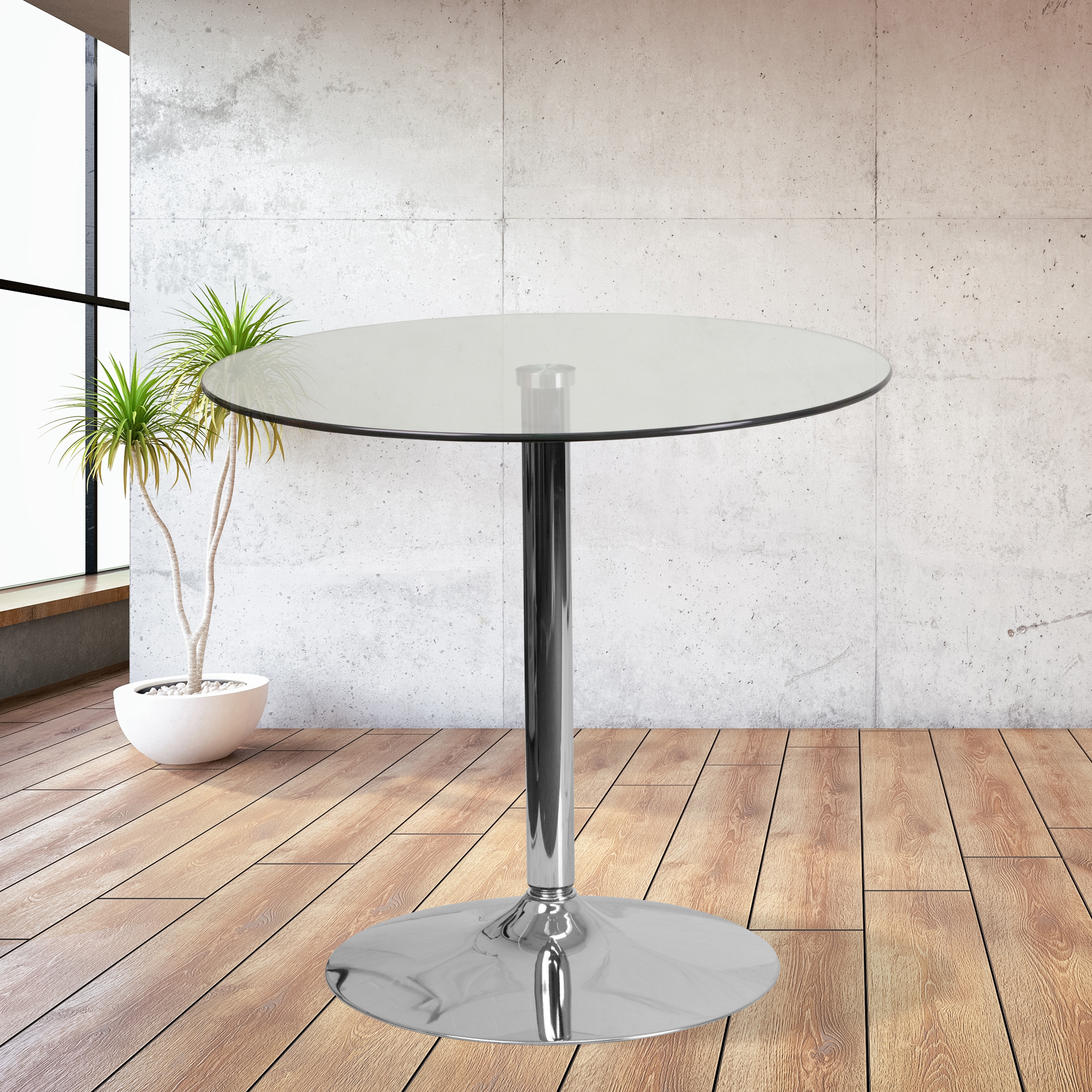 Round glass table with chrome hot sale base