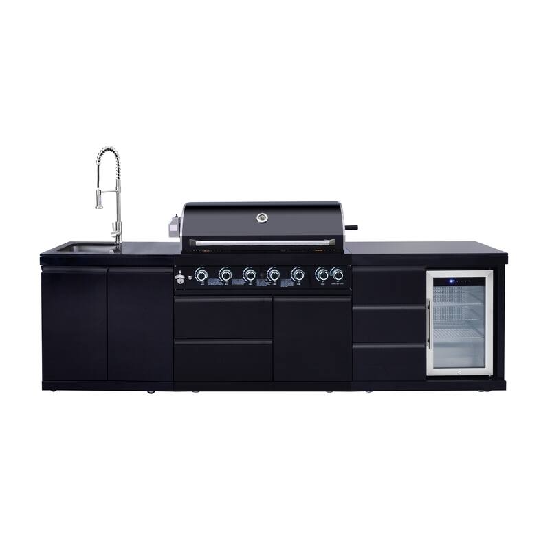 GDFStudio Viremont Stainless Steel Outdoor Kitchen Island Grill with 6 Burners, Refrigerator and Rotisserie - Black - Propane Gas