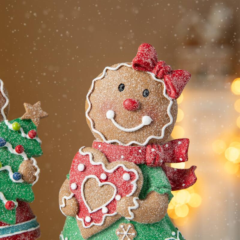 Glitzhome Resin Christmas Gingerbread Figurines Xmas Table Decor for Party Mantel Shelf Sitter