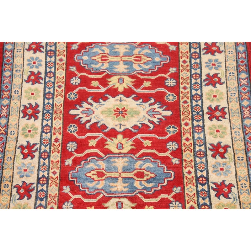 Red Geometric Kazak Oriental Accent Rug Bathroom Handmade Wool Carpet - 2'10" x 4'1"