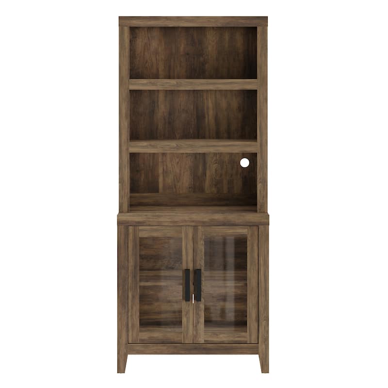 WAMPAT 3 Tier Bookshelf with Glass Door, 74" Tall Bookcase with Adjustable Shelf and Storage Cabinet, Farmhouse Wooden Bookshelf