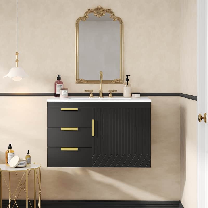 30" Wall Mounted Bathroom Cabinet with Integrated White Ceramic Sink - 30'' x 18.4'' x 20'' - Black