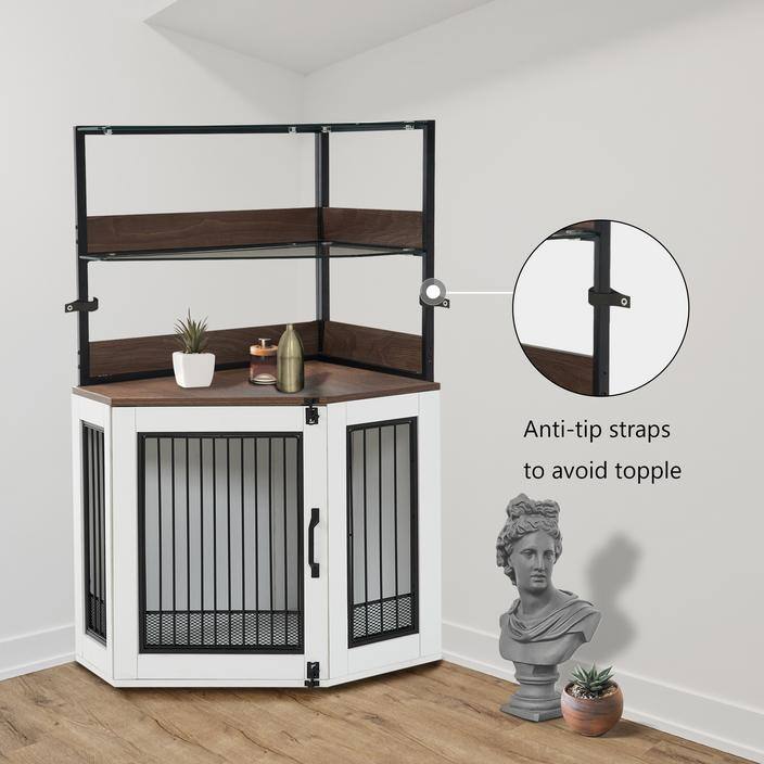 MCombo Corner Dog Crate Furniture with Glass Shelves, Wooden Dog Kennel Furniture with Door, Pet Crate Indoor Use, CN28 - Small