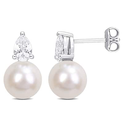 Miadora 8.5-9mm White Cultured Freshwater Pearl and 1 1/3ct TGW Created White Sapphire Stud Earrings in Sterling Silver