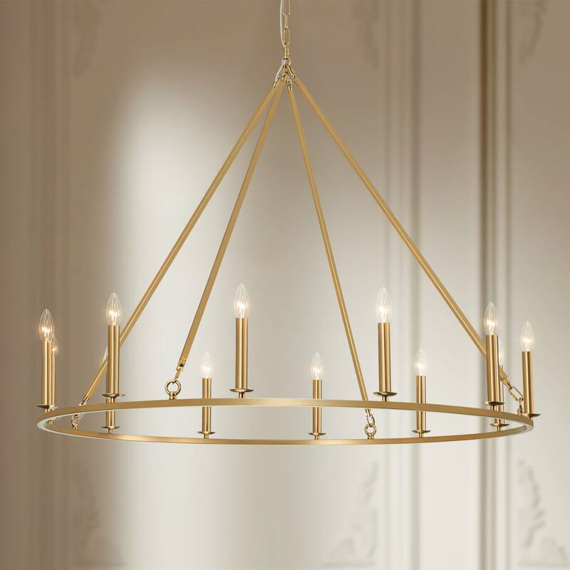 12-Light Modern Traditional Gold Pendant Light for Living Room Large Wagon Wheel Chandelier with Candle Accents