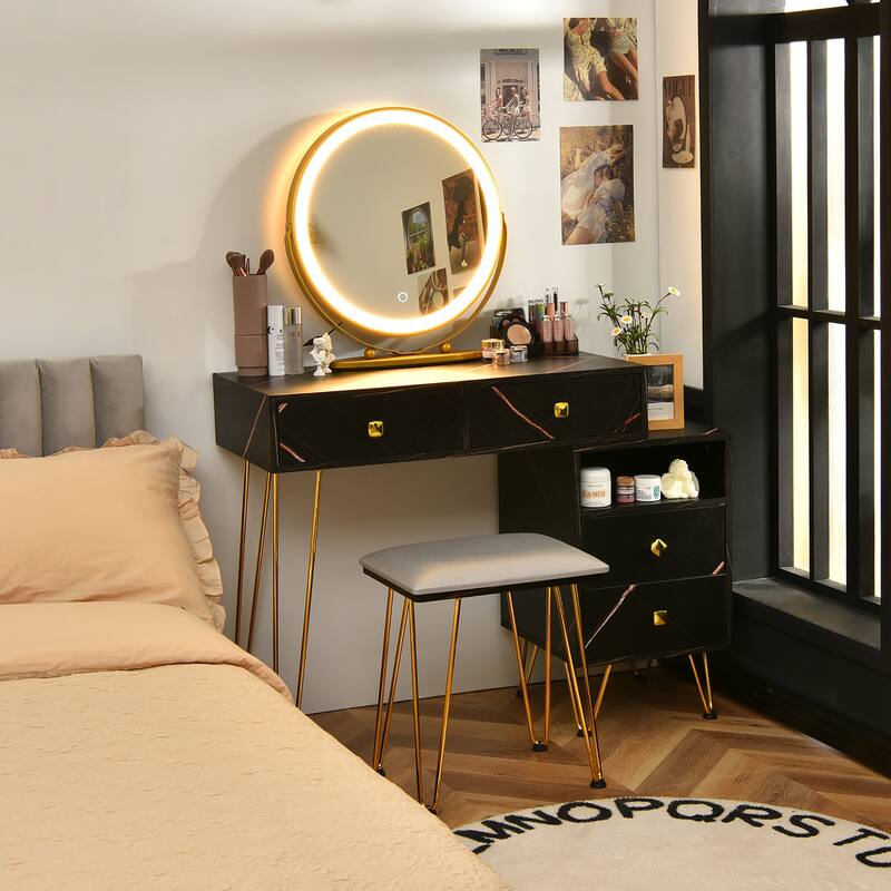 Costway Vanity Table Stool Set Dimmer LED Mirror Large Storage Cabinet - See details - Black