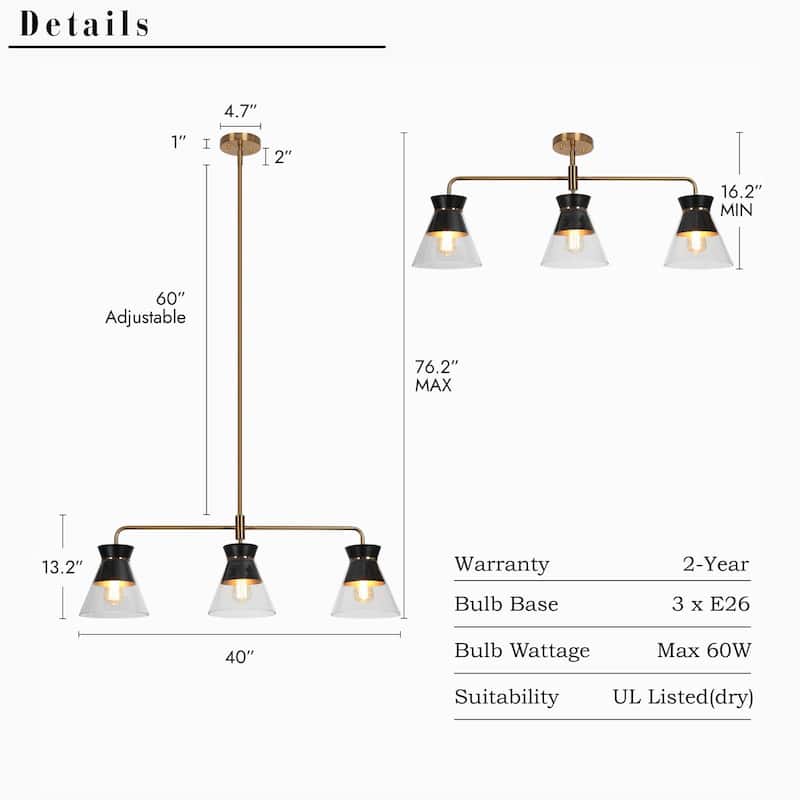 Modern 3-Light Black Gold Chandelier Kitchen Island Linear Bowl-Shaped Glass Pendant Lights for Dining Room - 40 x 8.5 x 13.2