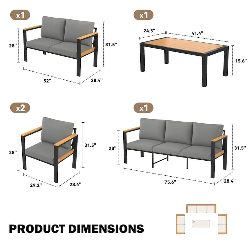 4/5/7-Piece Patio Conversation Set with Table, All-Weather Aluminum Furniture for Outdoor Living - Gray/Black