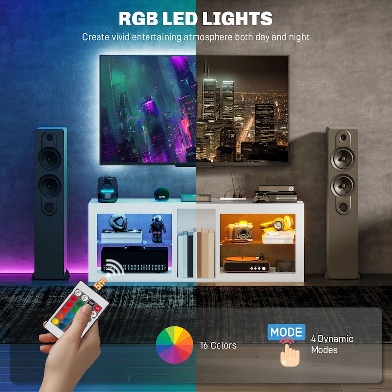 High Gloss TV Stand with RGB LED Lighting Remote Control USB Ports and Power Outlets for TVs up to 55 Inches