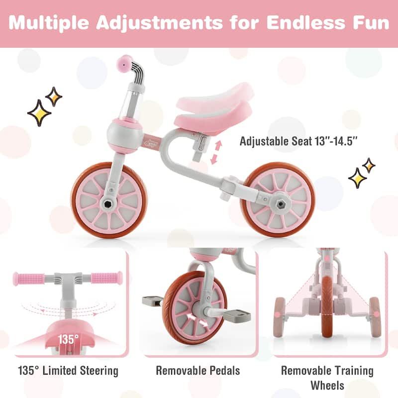 4-in-1 Adjustable Kids Tricycle with Parental Handle and EVA Wheels Safe Riding for Toddlers - 14.5" x 28.5" x 39.5"