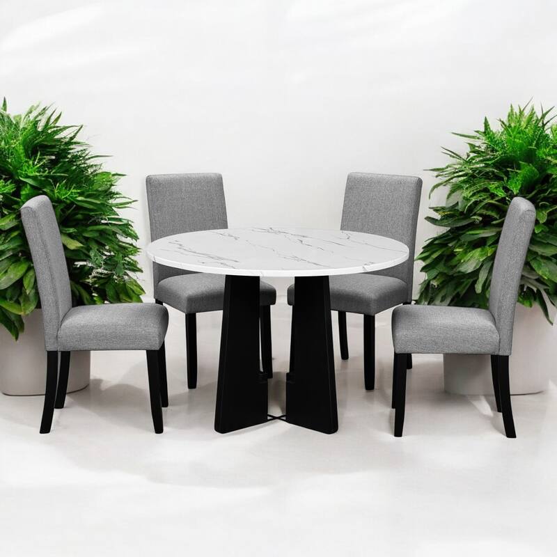 5-Piece Round Dining Table Set, 43-Inch MDF Table with 4 Upholstered Chairs for Kitchen, Dining Room, Living Room