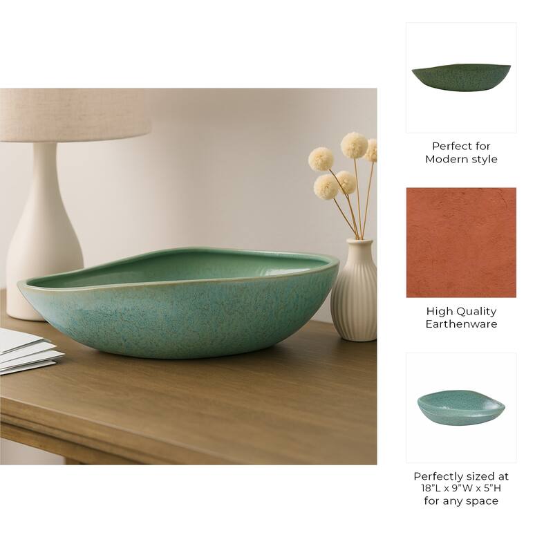 Decorative Oval Ceramic Bowl - Abstract Pattern - 18", Green - 18.0"