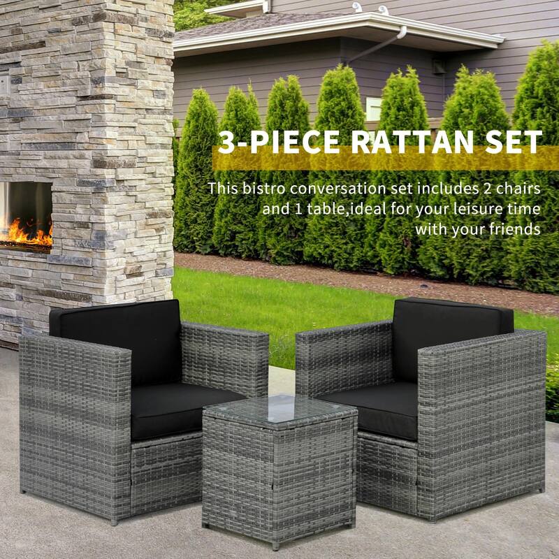 Wicker Bistro Patio Set, 2 Porch Chairs and Glass Table