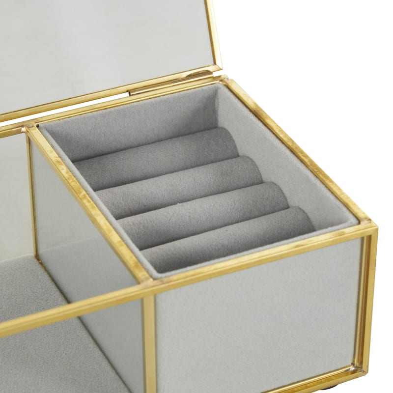 Glass Decorative Jewelry Box with Gold Metal Frame and Gray Fabric Interior with Ring Slots - Clear - Roche River Decor