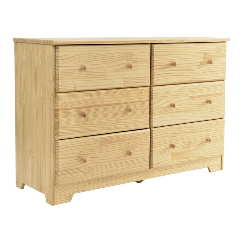Solid Pine Wood 6-Drawer Double Dresser in Natural and White Finish with Smooth Glide Drawers and Modern Style