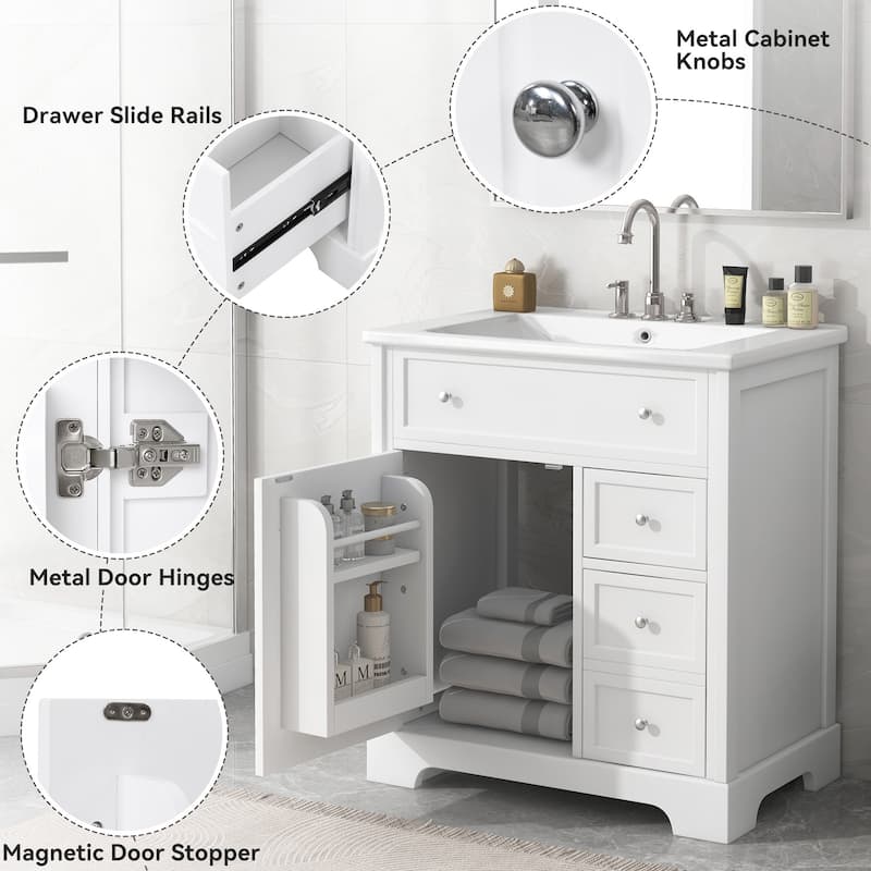 Modern 30-Inch Bathroom Vanity Cabinet with Ceramic Sink, 2 Drawers, and Door Shelf, White
