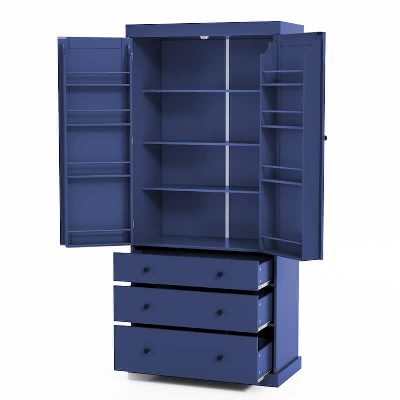 77" Farmhouse Kitchen Pantry, Freestanding Tall Cupboard Storage Cabinet with 3 Adjustable Shelves, 8 Door Shelves, 3 Drawers