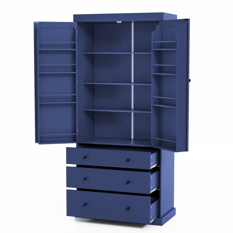 Roomfitters 77 Inch Farmhouse Kitchen Pantry Cabinet with 8 Door Shelves and 3 Drawers, Tall Cupboard, Blue - Blue