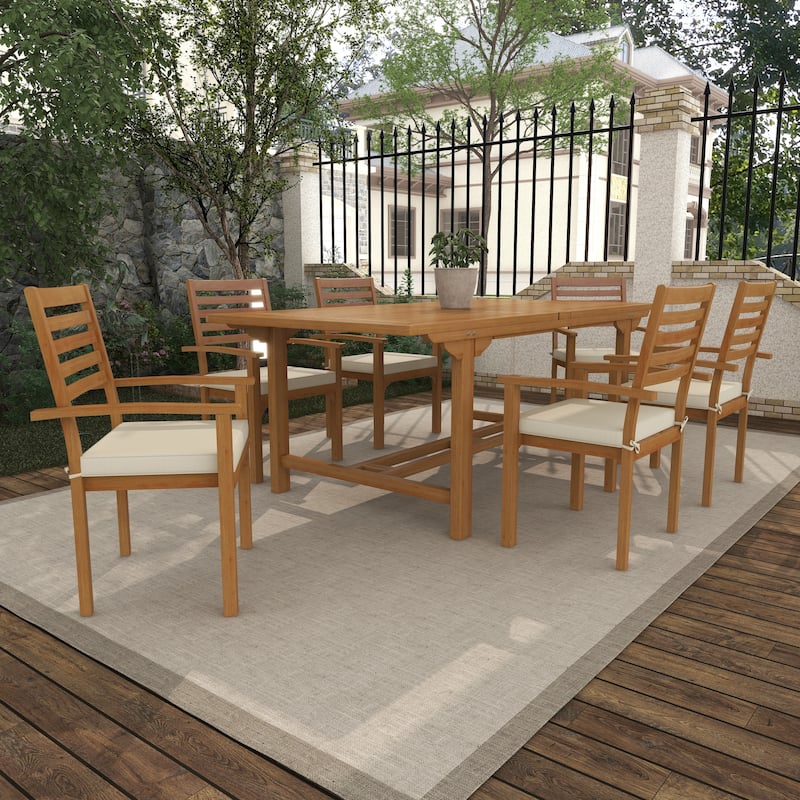 Brown Teak Wood Patio Outdoor Dining Set with White Cushions and Extendable Table Leaf (Set of 7) - 83"W, 30"H(A+B)