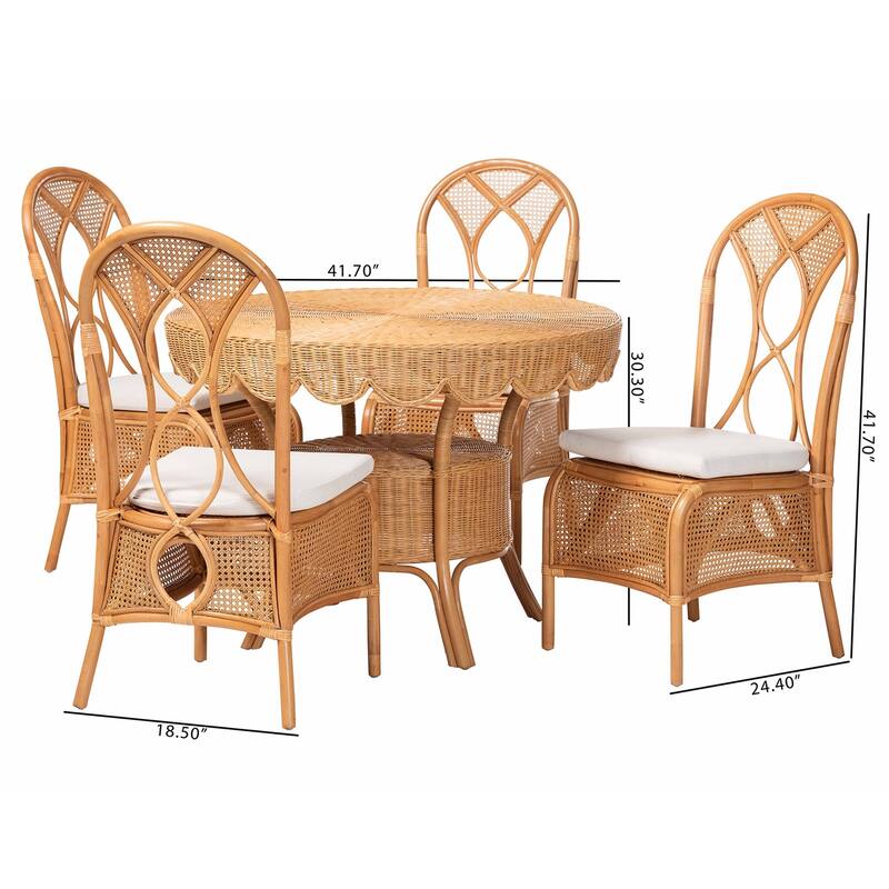Tony 5-Piece Natural Rattan Dining Set with Round Scalloped Edge Table and 4 Chairs, Handwoven Wicker Dining with Cushions