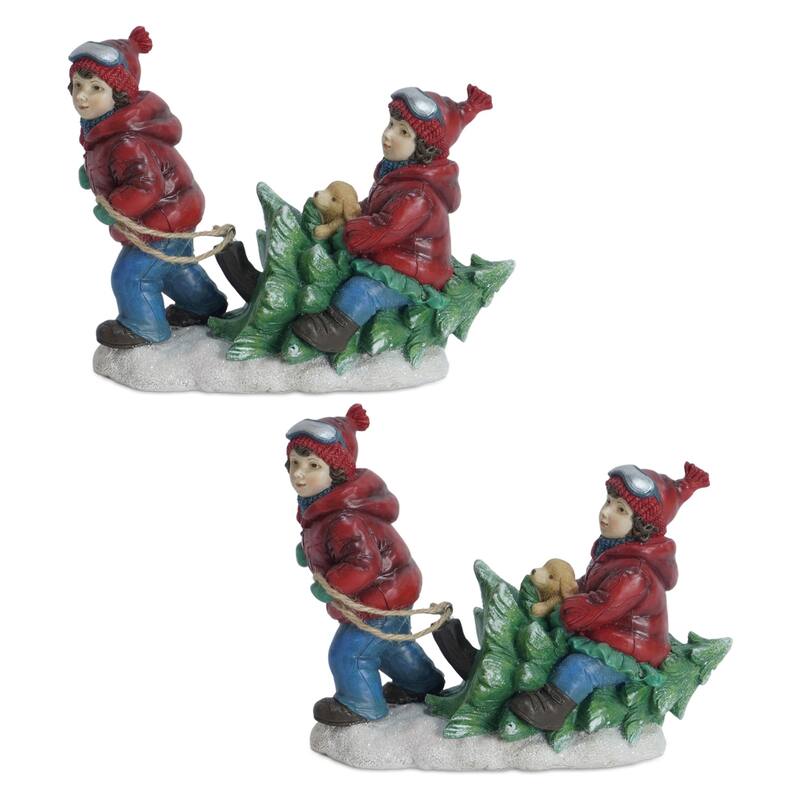 Children With Tree and Dog Christmas Figurines - 9" - Set of 2