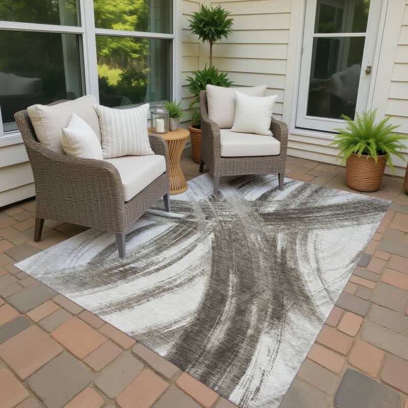 Machine Washable Indoor/ Outdoor Abstract Brushstroke Chantille Rug - Taupe - 9' x 12'