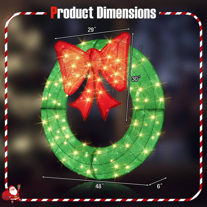 Gymax 48 Inch Pre-Lit Christmas Wreath w/ 200 LED Lights Red Bow