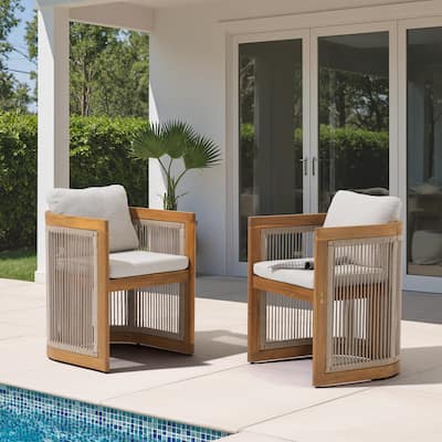 Outdoor Wooden Rope Woven Armchairs with Olefin Cushions, Set of 2