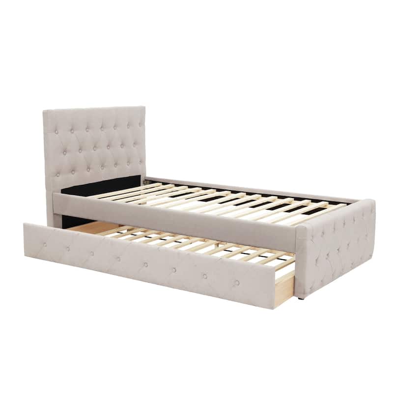 Linen Fully Upholstered Twin Size Bed with Trundle