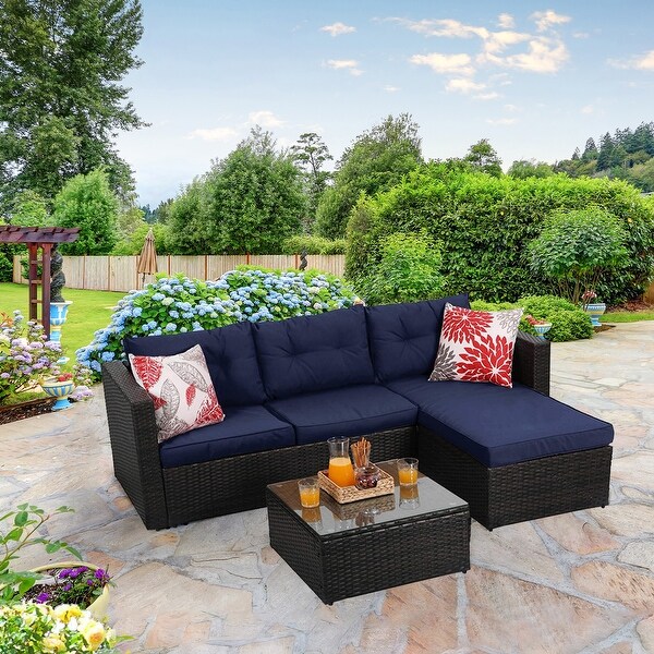 Outdoor Conversation Furniture Wicker Furniture Set 3-Piece Outdoor Rattan Sofa Set Corner Sectional Sofa Lounge Chaise Loveseat Sofa Corner Lounge Sofa with Table and Cushions Blue 