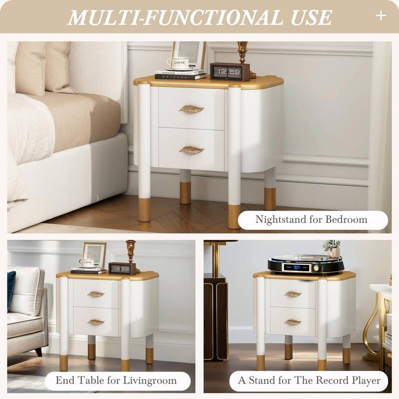 Contemporary Curved 2-Drawer Nightstand with Metal Feather Handles and Exposed Legs