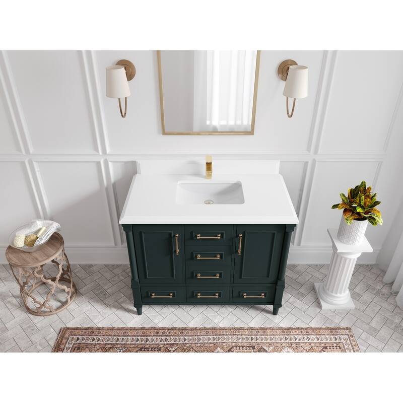 Willow Collections 42 in. W x 22 in. D Aberdeen Single Bowl Sink Bathroom Vanity with Countertop - 1.5" White Quartz - Dark Forest Green