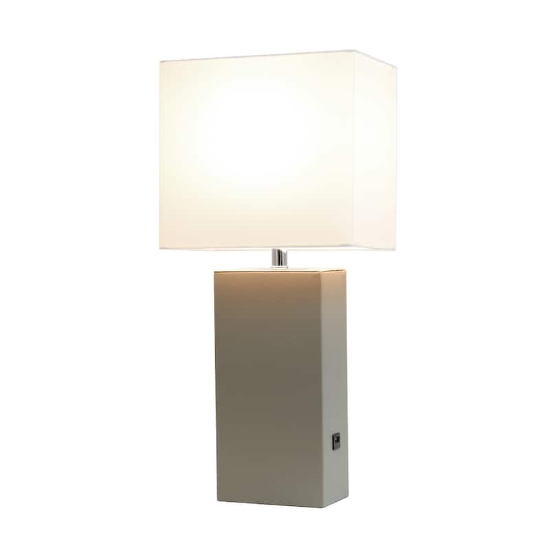 Modern Leather Table Lamp with USB and White Fabric Shade