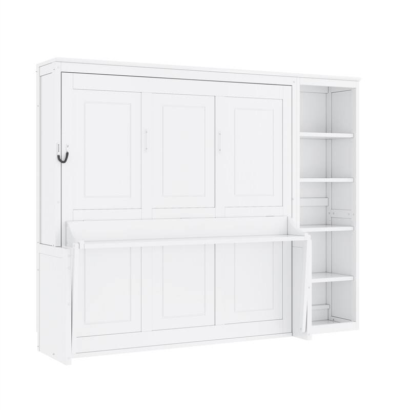 Full/Queen Size Murphy Bed with Bulit-in Desk and Bookshelf, Foldable Murphy Cabinet Bed with Open Storage Shelves