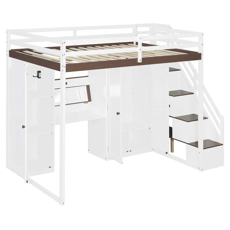 Full Size Loft Bed with Storage Staircase, Built-in Dressing Table, Mirror & Wardrobe - USB Charging & Lights