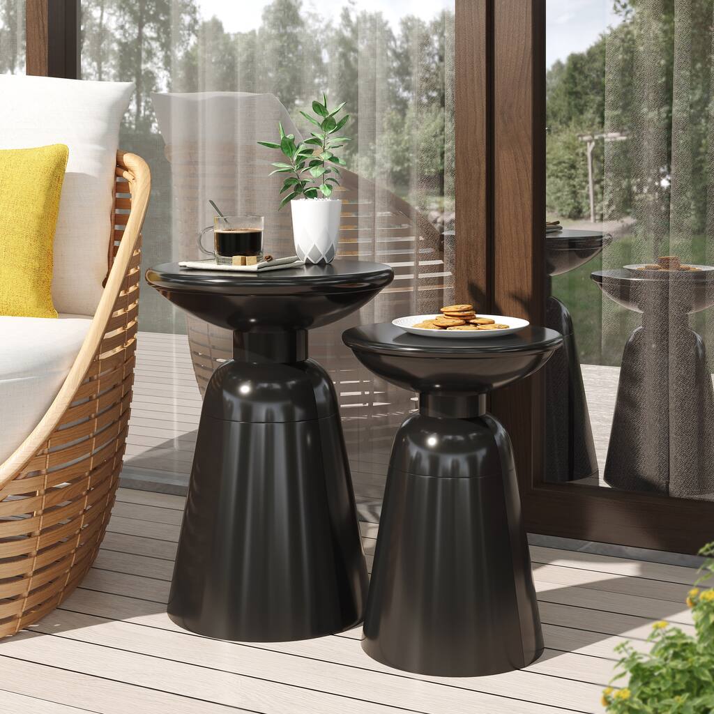 Serenita Outdoor Iron Side Tables with Flared Design, Set of 2, Black - 11.68