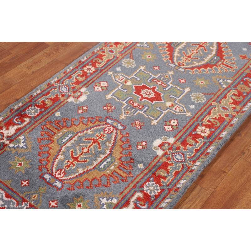 Blue Geometric Khotan Oriental Runner Rug Handmade Wool Carpet - 2'6"x 10'0"