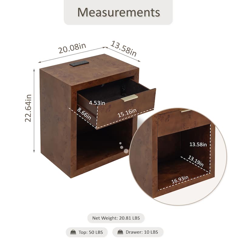 COZAYH Burl Finish Nightstand, Rustic Farmhouse Dresser, Vintage Accent Wood Storage Bedside Table, Fully Assembled