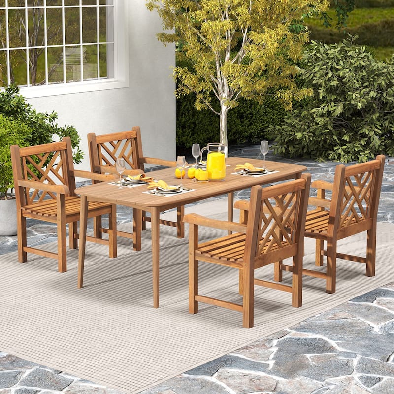Gymax Teak Wood Patio Dining Chair Outdoor Armchair w/ Slatted Seat &