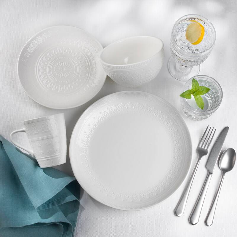 Euro Ceramica Fez 20 Piece White Wine & Dine Set (Dinnerware + Clear Goblet Glasses)