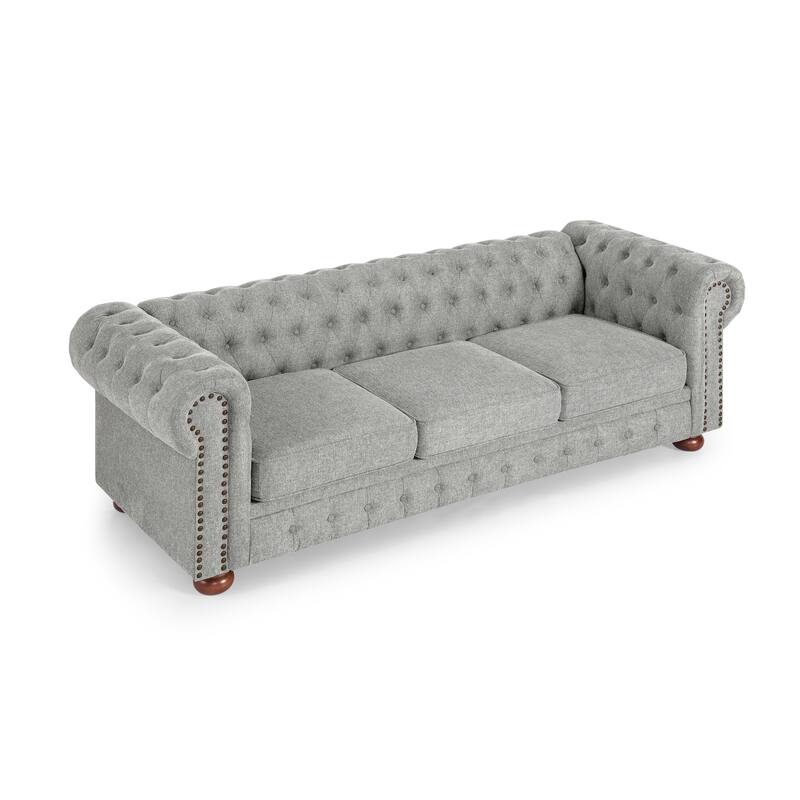 Linen Upholstered Chesterfield Sofa, Tufted 3 Seater Sofa with Nailhead Trim & Scrolled Arms, Low Back Sofa with Solid Wood Legs