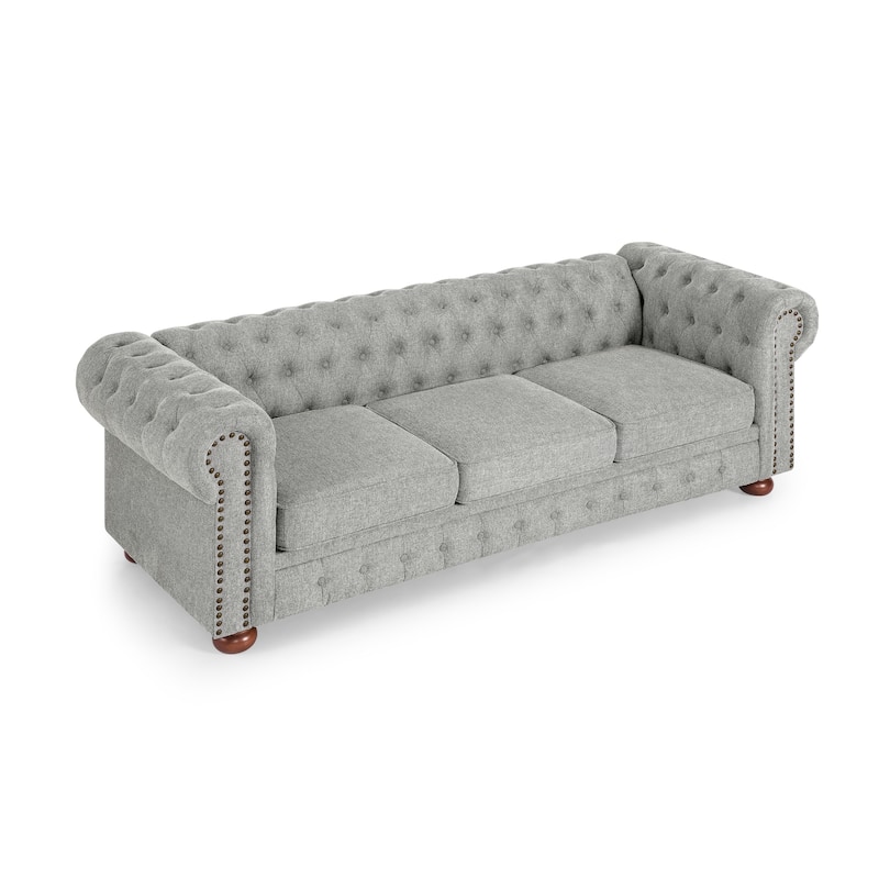 Roomfitters Chesterfield Tufted Linen Upholstered 3-Seater Sofa with Scrolled Arms and Nailhead Trim