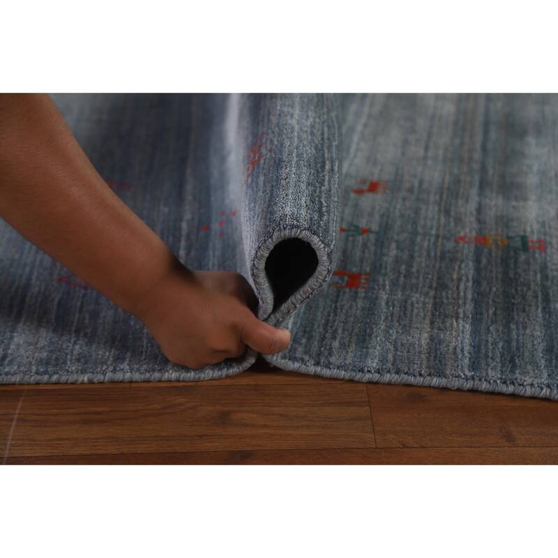 Blue & Gray Striped Gabbeh Oriental Area Rug Hand-Knotted Wool Carpet - 7'9"x 9'6"